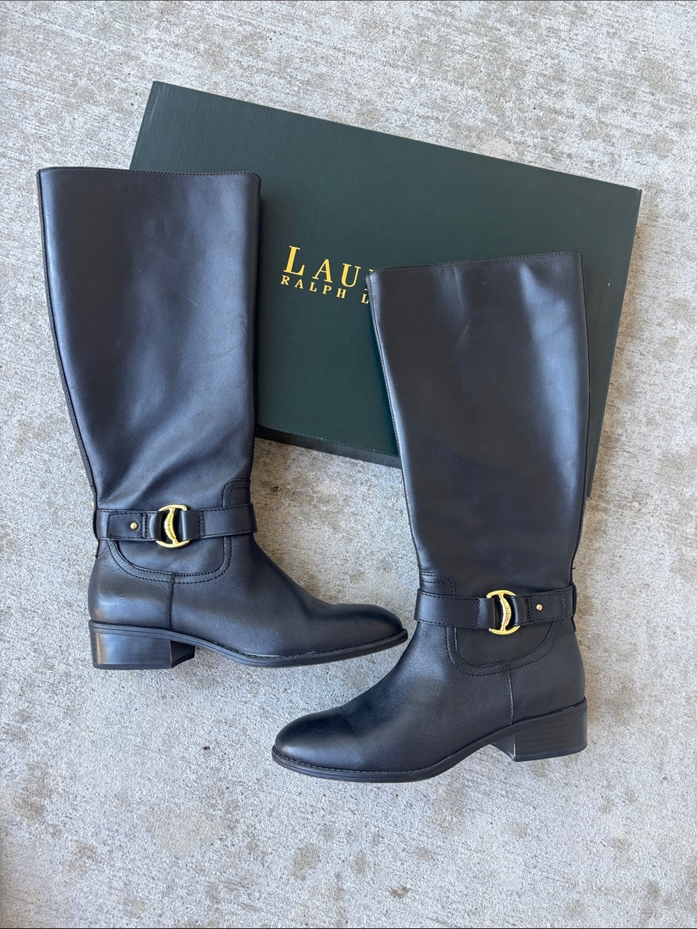Ralph Lauren Micah Black Leather Knee-High Boots with Gold Buckle
